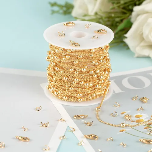Miniatura 6 de Cadena de latón chapada en oro de 18 quilates de 5 metros/16.4 pies para hacer joyas, cadena de cuentas de oro claro para mujeres, cadena de Cuentas