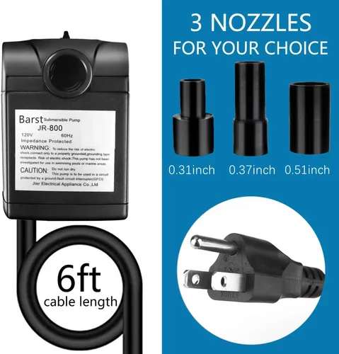 Miniatura 6 de BARST Bomba de fuente de 200 GPH, pequeña bomba sumergible (800 L/H, 12 W), ultra silenciosa con cable de alimentación de 6 pies y 3 boquillas