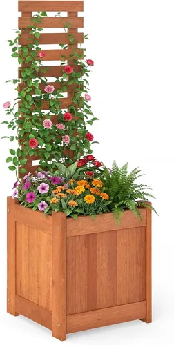 Giantex Cama de jardín elevada de madera con enrejado, maceta para exteriores con base abierta para plantas trepadoras, profundidad de plantación de