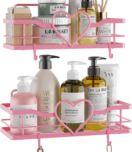 Organizador de ducha rosa con 4 ganchos extraíbles, 2 paquetes de estantes de ducha Sweet Heart, estante organizador adhesivo sin perforaciones para