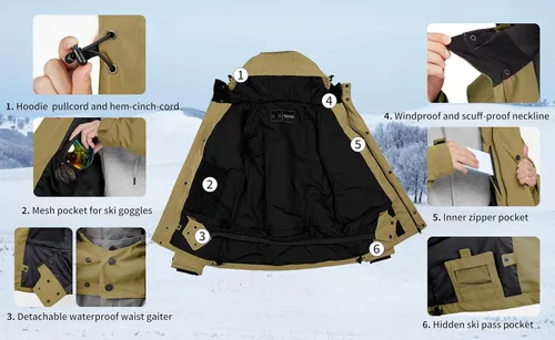 Miniatura 5 de Actleis - Chaqueta impermeable para hombre de snowboard, cálida, cortavientos, para invierno, con capucha