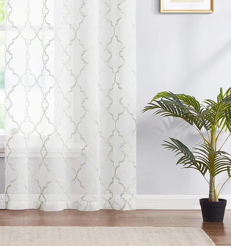 Miniatura 3 de Cortinas traslúcidas beige y blancas para dormitorio, 84 pulgadas, con bordado geométrico marroquí, marfil, paneles de cortina semitransparentes