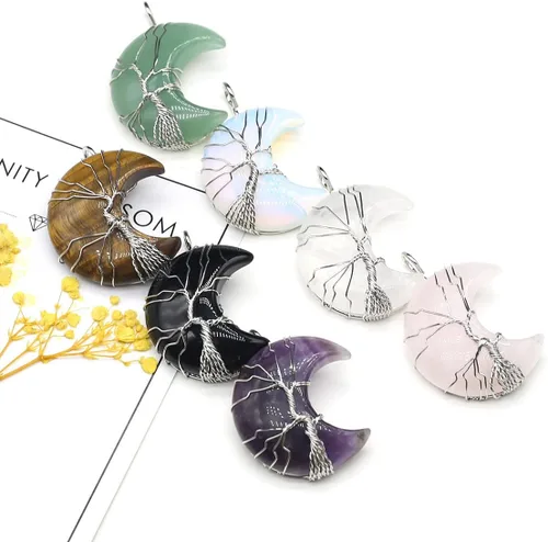 Miniatura 10 de 4 colgantes de piedra natural, forma de luna, chakra, cristal, ágata, alambre de piedra, tejer, diseño de árbol de la vida para hacer joyas