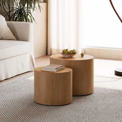 Miniatura 5 de Juego de 2 mesas auxiliares anidadas, mesa auxiliar redonda moderna y mesa auxiliar, mesa auxiliar circular de madera natural para sala de estar