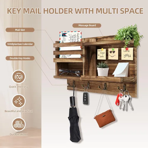 Miniatura 2 de Porta Llaves de Pared, Organizador de Llaves y Correo de Madera Sólida para Pared (Autoadhesivo o con Taladro), 8 Ganchos para Llavero para Entrada