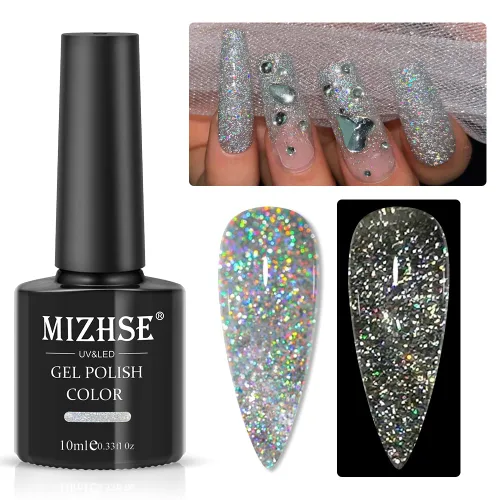 MIZHSE Esmalte de uñas de gel con brillantina, esmalte de uñas de gel plateado brillante con diamantes, esmalte de gel reflectante con purpurina,