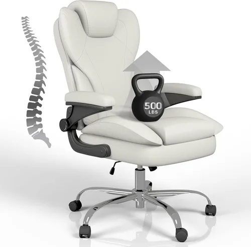 Silla de escritorio de oficina, silla de oficina ejecutiva de cuero, silla de escritorio ergonómica de respaldo alto con brazos abatibles Blanco