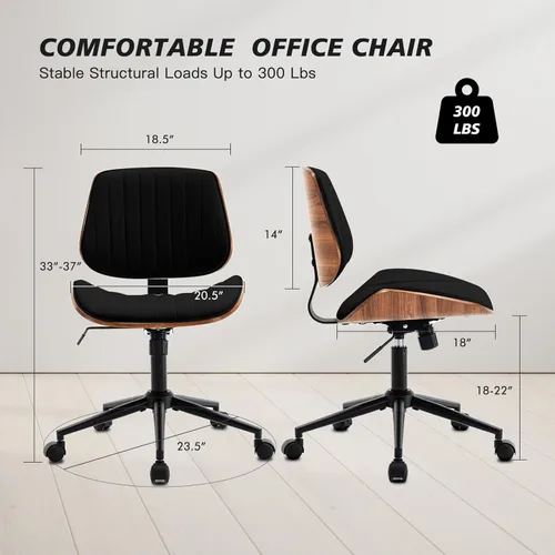 Miniatura 2 de Silla de escritorio sin brazos con ruedas giratorias de 360°, silla de computadora ergonómica de altura ajustable para oficina en casa, piel Negro