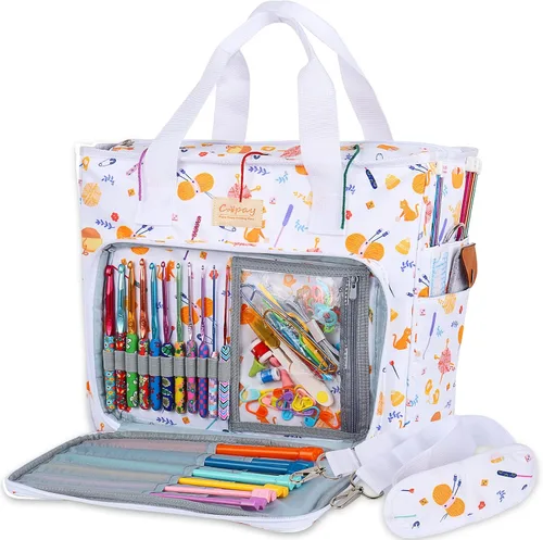 Miniatura 10 de Coopay Bolsa de ganchillo y tejer, organizador de viaje para manualidades, ganchos, agujas, madejas, pintura de diamantes, suministros (verde bosque)