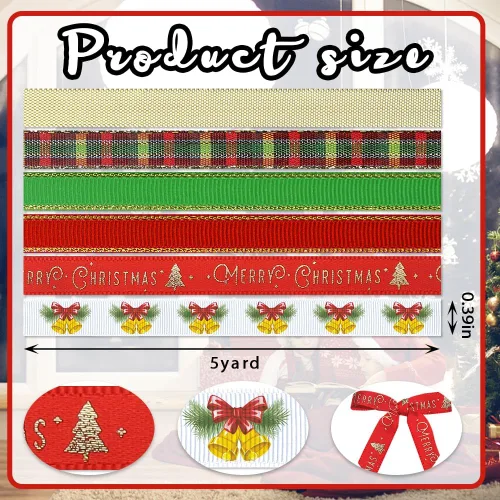 Miniatura 2 de Threetols 6 rollos de 30 yardas de cinta de Navidad de 3/8 pulgadas, cintas de grogrén con purpurina de Navidad de búfalo verde y rojo, cintas