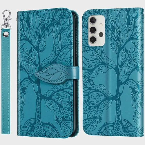 Miniatura 8 de Funda tipo cartera para Samsung Galaxy A32 5G, piel sintética de alta calidad con diseño de árbol en relieve, función atril, ranuras para tarjetas