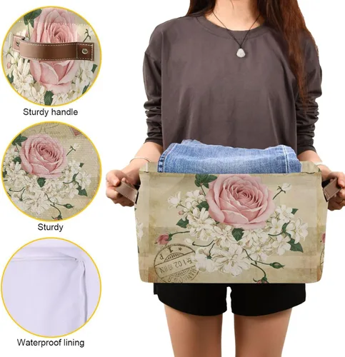 Miniatura 8 de ALAZA Shabby Chic - Caja de almacenamiento plegable con diseño floral de rosas, cestas organizadoras con asas para estantes, armario, sala de estar