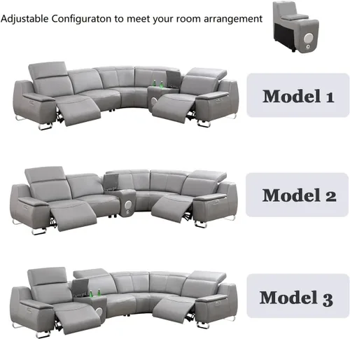 Miniatura 5 de Juego seccional de cuero de grano superior para sala de estar, puerto de carga USB, sillón reclinable eléctrico convertible para casa, sala
