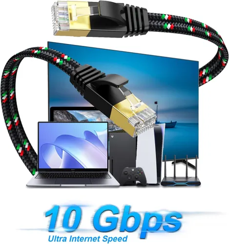 Miniatura 8 de SNANSHI Cable Ethernet de 25 pies, cable de red de Internet Cat7 trenzado de nailon plano resistente - Cable LAN de cobre puro blindado de alta