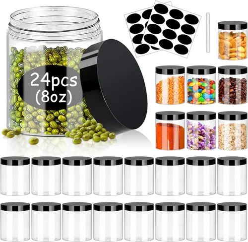 SLifeJars Tarros de plástico de 8 onzas con tapas, paquete de 24 recipientes de plástico transparente, apilables, redondos, vacíos, transparentes