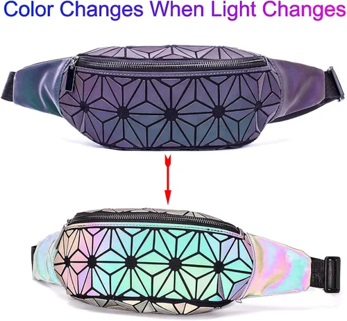 Miniatura 7 de Riñoneras para mujeres y hombres, bolsa holográfica luminosa para el pecho, paquete de cintura geométrica para viajes, festivales, correr, deportes