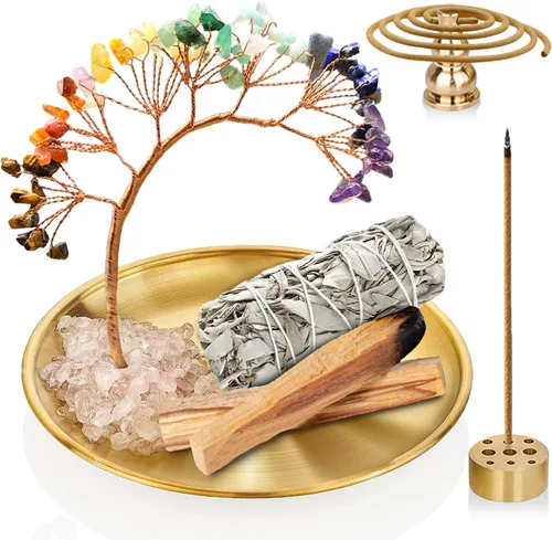 Soporte de cristal para Palo Santo, soporte para incienso para 7 chakras, soporte de incienso de latón de 5.5 pulgadas, 6 en 1 para varillas de