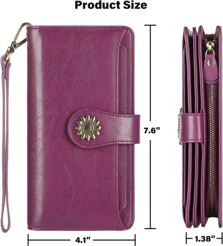 Miniatura 7 de Lavemi Carteras de cuero genuino de gran capacidad con bloqueo RFID para mujer, tarjetero con correa para la muñeca