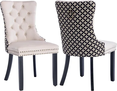 Velvet Dining Chairs Set of 2, Tufted High Chairs with Nailhead Trim, Pull Ring, Black Solid Wood Legs, Elegant Upholstered Accent Chairs for Dining