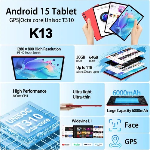Miniatura 2 de Tableta Android 15 2025 con Teclado, Tabletas de 10.1 Pulgadas Pantalla FHD 30GB RAM 64GB ROM Expansión 1TB, Octa-Core 2.0GHz, Widevine L1, Batería