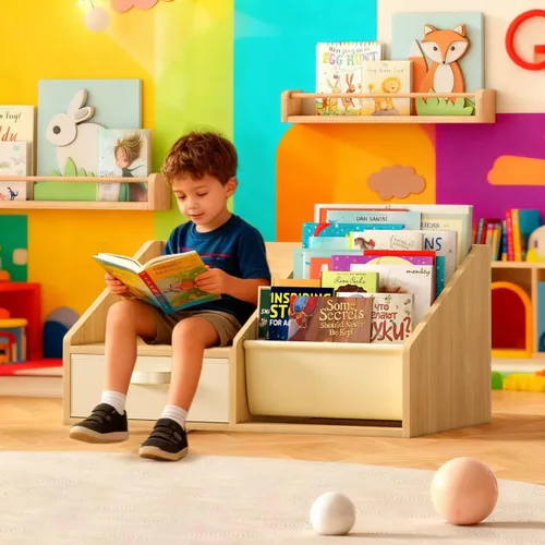 Miniatura 15 de FKWin Estantería infantil 2 en 1 y almacenamiento de juguetes de 5 niveles con carrito rodante, almacenamiento oculto para guardería, sala