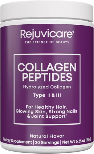 Rejuvicare Polvo de péptidos de colágeno – Colágeno hidrolizado tipo I y III, 0.23 oz de proteína por porción – Sin sabor, soporte para el cabello,