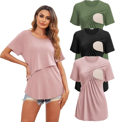 Ekouaer Camisetas de maternidad para mujer, manga corta, paquete de 3 camisetas de lactancia materna de doble capa, ropa de embarazo, tallas S-XXL