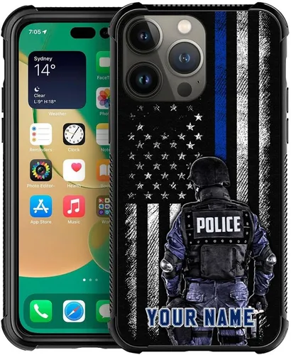 DJSOK Funda para teléfono personalizado con nombre personalizado de la bandera estadounidense de policía para iPhone 16/15/14/13 12 11 Pro Bandera