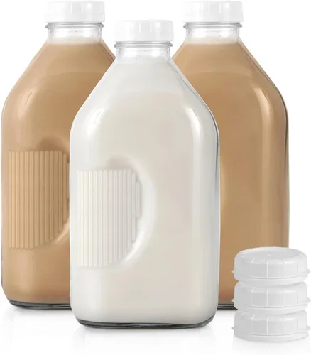Stock Your Home Botella de leche de vidrio de medio galón con tapa (paquete de 3) jarras de 64 onzas y 6 tapas blancas, contenedor de leche