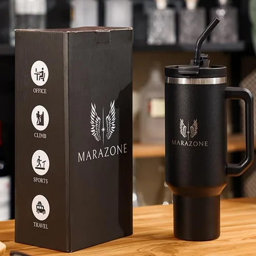Miniatura 10 de MARAZONE Vaso aislado de 40 onzas con asa y pajilla – Taza de acero inoxidable de doble pared al vacío que cabe en portavasos de automóvil, taza