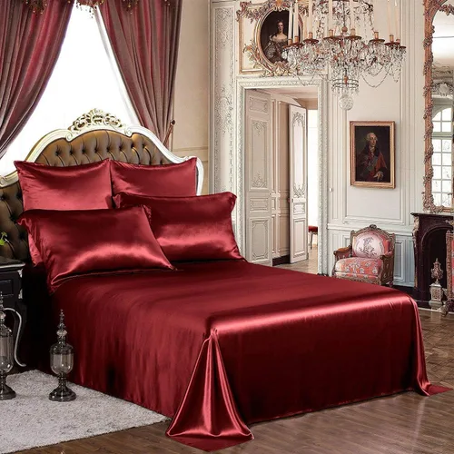 Miniatura 16 de 4 piezas de sábanas de satén 100% seda pura, lujosa colección de ropa de cama ultrasuave y suave, 19 pulgadas de profundidad, 1 sábana bajera, 1