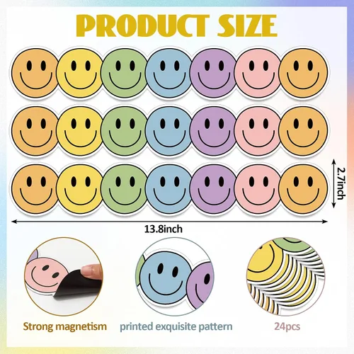 Miniatura 2 de Whaline 24 tiras magnéticas para tablón de anuncios de cara feliz, diseño bohemio con cara sonriente, tiras magnéticas para decoración de regreso a