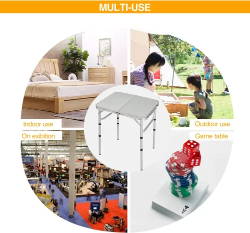 Miniatura 6 de Mesa plegable pequeña de 2 pies portátil con patas de altura ajustable, mesa de campamento de aluminio ligera y resistente para picnic al aire