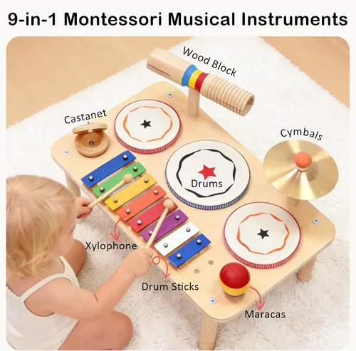 Miniatura 2 de WINGYZ Juego de batería para bebé, instrumentos musicales de madera 9 en 1 para niños pequeños de 1 a 3 años, juguetes de música Montessori