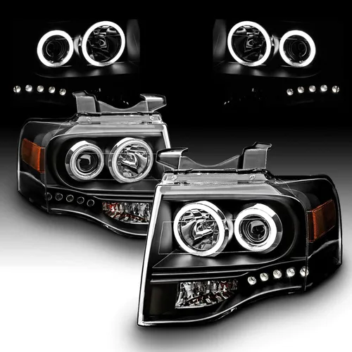 Miniatura 7 de AmeriLite - Faros delanteros de proyector de halo LED Xtreme negros para Ford Expedition 2007-2014, lado del pasajero y del conductor