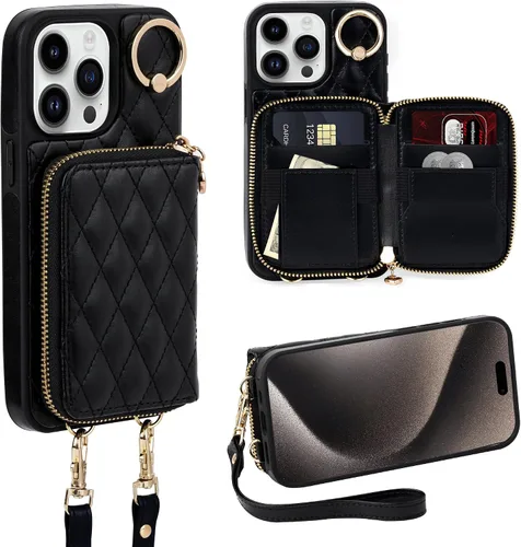 Miniatura 67 de Funda tipo cartera para iPhone 15 de 6.1 pulgadas, bolso cruzado con cremallera y correa para la muñeca con cordón para mujer, tarjetero con bloqueo