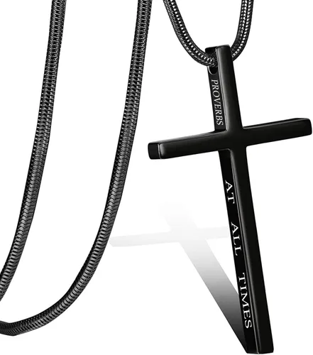 Miniatura 45 de Collar de cruz para hombre, regalo de Navidad, colgante de cruz, versículo bíblico, collares de acero inoxidable
