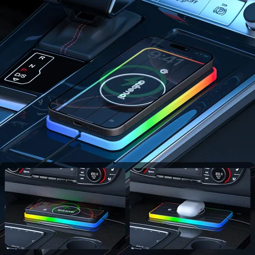 Miniatura 8 de Almohadilla de carga inalámbrica magnética para automóvil, 15 W, RGB, almohadilla de carga inalámbrica rápida antideslizante con cable de extensión