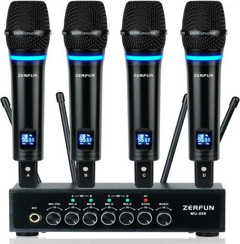 Miniatura 12 de Sistema de Micrófono Inalámbrico Recargable de 4 Canales, Micrófono de Mano de Metal UHF Profesional con Auriculares y Micrófono de Solapa Lavalier