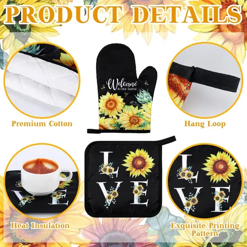 Miniatura 5 de Leinuosen 6 paños de cocina clásicos de girasol, juego de decoración y accesorios para la cocina, diseño floral de plantas, juego de guantes
