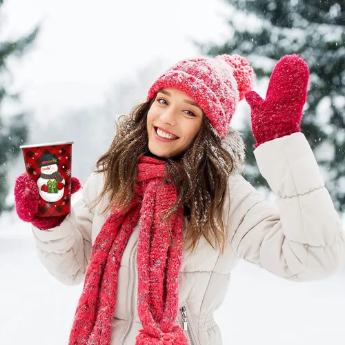 Miniatura 6 de CIOEY Vasos de papel desechables de Navidad, diseño de muñeco de nieve rojo y negro, diseño de búfalo para Feliz Navidad, decoraciones de fiesta