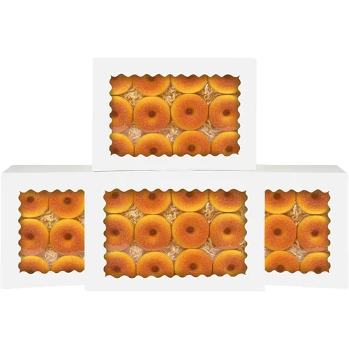 qiqee Caja de galletas blanca desplegable automática con ventana de 14 x 10 x 2.5 pulgadas, 24 piezas, caja de panadería pastelería macaron para