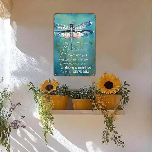 Miniatura 3 de Letrero de metal motivacional de libélula – Cuando crees más allá de lo que tus ojos pueden ver, arte de pared de libélula para oficina, hogar