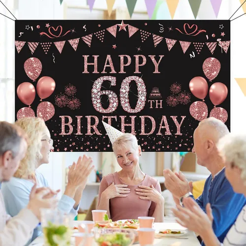 Miniatura 5 de Trgowaul Decoraciones de cumpleaños número 60 para mujer, pancarta de fondo de cumpleaños de oro rosa, 5.9 x 3.6 pies, suministros de fotografía