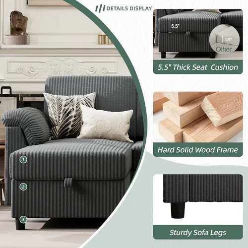 Miniatura 3 de Vongrasig Sofá Seccional Convertible, Sofá en Forma de L de 3 Asientos con Almohadas Removibles Tela de Pana Suave Sofá Pequeño de Mediados de Siglo