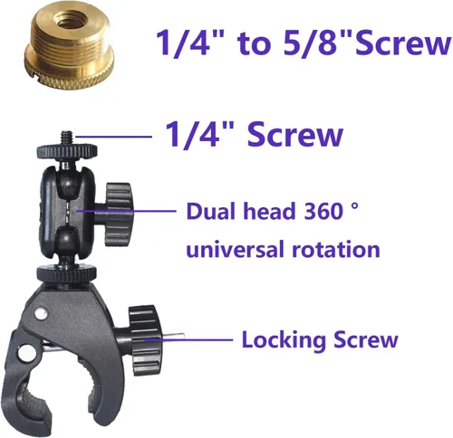 Miniatura 2 de Soporte de clip de cangrejo para micrófono con ajuste de cabeza de bola doble de 1/4 a 5/8 pulgadas, compatible con la mayoría de micrófonos