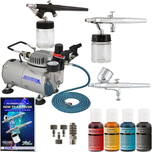 Master Airbrush Kit de decoración de aerógrafo para pasteles con compresor de aire Cool Runner II, 3 aerógrafos, alimentación por gravedad y sifón,