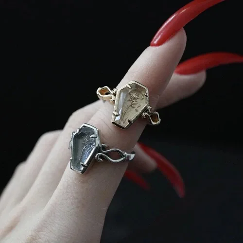 Miniatura 2 de OIDIMS Anillos abiertos de ataúd de rosas con diseño de ataúd de flor de rosa, estilo punk gótico, para mujeres y hombres, ajustable, extensible