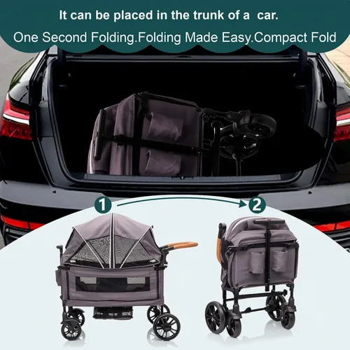 Miniatura 7 de Cochecito de lujo para 2 niños y carga - Ligero plegable de viaje todo terreno doble vagón para recién nacidos y niños pequeños con arnés de 5 Gris
