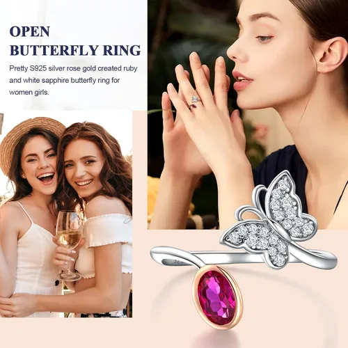 Miniatura 2 de DAYBYDAY Anillo de mariposa de plata de ley 925 para mujeres y niñas, delicados anillos de aniversario, chapado en oro rosa, dos tonos, creado